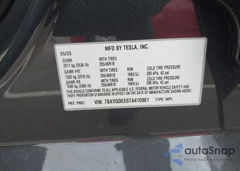 2026 Tesla Model Y Long Range Launch Series/Premium All-Wheel Drive из США, поврежденный, VIN 7SAYGDEE6TA410981